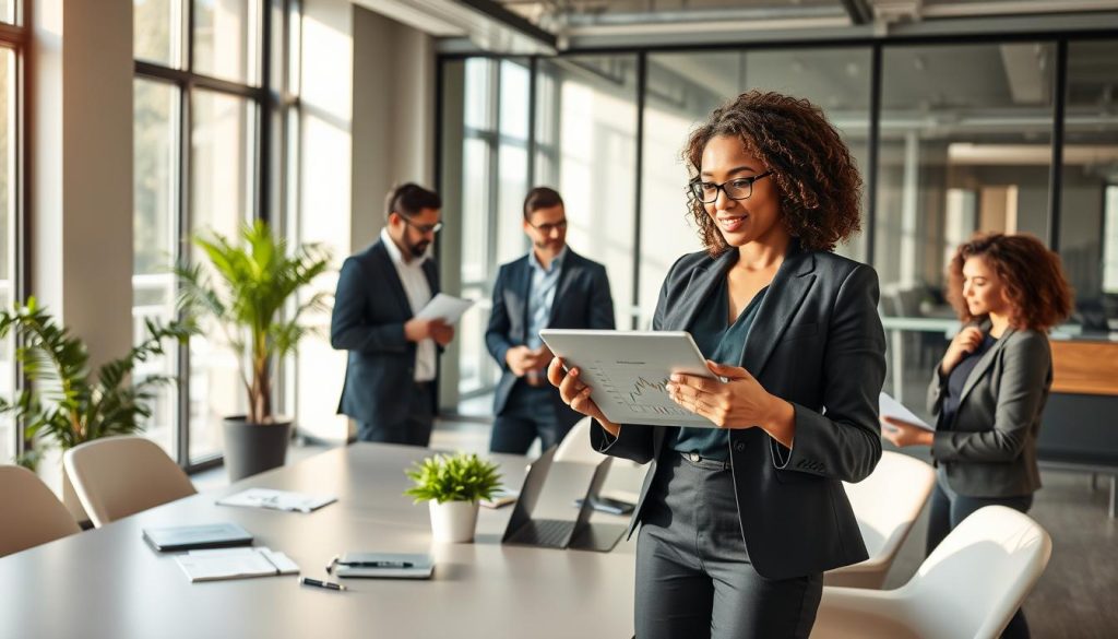 A modern office setting featuring a diverse group of professionals engaged in a strategic meeting about seed funding for revenue-generating startups. In the foreground, a female entrepreneur in smart business attire stands confidently presenting a financial model on a digital tablet, while two colleagues, a man with glasses and a woman with curly hair, attentively analyze documents. The middle ground shows a sleek conference table with notebooks, laptops, and a plant for a touch of nature. In the background, large windows allow natural light to pour in, creating an inviting atmosphere. The overall mood is one of collaboration, innovation, and business acumen, with soft, warm lighting enhancing the professional yet approachable vibe. Use a wide-angle lens to capture the dynamism of the scene. A modern office setting featuring a diverse group of professionals engaged in a strategic meeting about seed funding for revenue-generating startups. In the foreground, a female entrepreneur in smart business attire stands confidently presenting a financial model on a digital tablet, while two colleagues, a man with glasses and a woman with curly hair, attentively analyze documents. The middle ground shows a sleek conference table with notebooks, laptops, and a plant for a touch of nature. In the background, large windows allow natural light to pour in, creating an inviting atmosphere. The overall mood is one of collaboration, innovation, and business acumen, with soft, warm lighting enhancing the professional yet approachable vibe. Use a wide-angle lens to capture the dynamism of the scene.