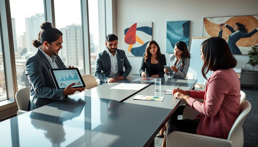 A modern office setting featuring a diverse group of professionals gathered around a sleek conference table, engaged in a collaborative brainstorming session. In the foreground, an Asian woman in business attire presents a digital tablet displaying graphs and investor data. To her left, a Middle-Eastern man takes notes, while a Hispanic woman is sketching ideas on a whiteboard. The background showcases large windows with city views, providing natural light that creates a vibrant atmosphere. Soft shadows fall across the room, highlighting the modern design elements like abstract art on the walls and stylish furniture. The mood is focused and dynamic, reflecting the importance of crafting tailored strategies for investor engagement. A modern office setting featuring a diverse group of professionals gathered around a sleek conference table, engaged in a collaborative brainstorming session. In the foreground, an Asian woman in business attire presents a digital tablet displaying graphs and investor data. To her left, a Middle-Eastern man takes notes, while a Hispanic woman is sketching ideas on a whiteboard. The background showcases large windows with city views, providing natural light that creates a vibrant atmosphere. Soft shadows fall across the room, highlighting the modern design elements like abstract art on the walls and stylish furniture. The mood is focused and dynamic, reflecting the importance of crafting tailored strategies for investor engagement.