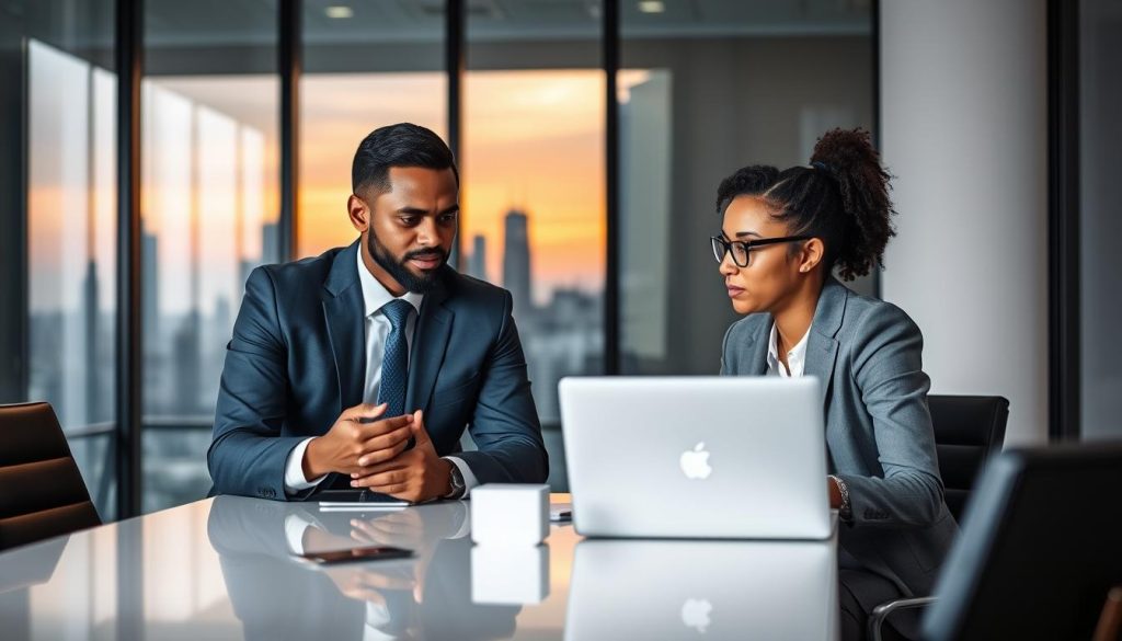 A modern office setting featuring two business professionals engaged in a strategic conversation. In the foreground, a diverse man in a tailored suit and a woman in smart casual attire are sitting across a sleek conference table, reviewing a laptop screen showing a graph. The expression on their faces reflects a sense of urgency and focused determination. In the middle background, a large window reveals a city skyline at dawn, symbolizing new opportunities and timing. Soft, warm lighting casts a professional atmosphere, highlighting the individuals while creating a sense of collaboration. Use a shallow depth of field to emphasize the foreground subjects while slightly blurring the background, enhancing the mood of strategic discussions in investor outreach. A modern office setting featuring two business professionals engaged in a strategic conversation. In the foreground, a diverse man in a tailored suit and a woman in smart casual attire are sitting across a sleek conference table, reviewing a laptop screen showing a graph. The expression on their faces reflects a sense of urgency and focused determination. In the middle background, a large window reveals a city skyline at dawn, symbolizing new opportunities and timing. Soft, warm lighting casts a professional atmosphere, highlighting the individuals while creating a sense of collaboration. Use a shallow depth of field to emphasize the foreground subjects while slightly blurring the background, enhancing the mood of strategic discussions in investor outreach.