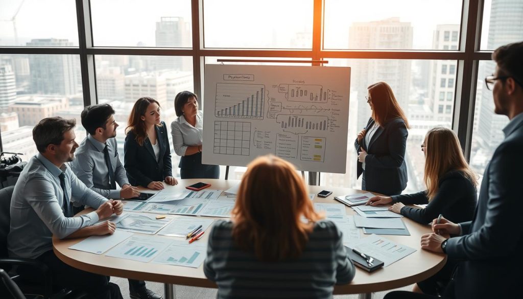 A modern office setting focused on business processes; in the foreground, a diverse group of professionals in smart business attire engages in a collaborative discussion around a large table filled with charts and graphs representing financial data. In the middle, a large whiteboard displays diagrams illustrating operational flows and capital structures, with sticky notes and markers scattered around. The background features large windows with a cityscape view, allowing natural light to flood the room, casting soft shadows. The atmosphere is dynamic and focused, emphasizing teamwork and strategic planning, with a slight depth of field to highlight the professionals in action. The lens captures a warm tone, enhancing the sense of productivity and innovation. A modern office setting focused on business processes; in the foreground, a diverse group of professionals in smart business attire engages in a collaborative discussion around a large table filled with charts and graphs representing financial data. In the middle, a large whiteboard displays diagrams illustrating operational flows and capital structures, with sticky notes and markers scattered around. The background features large windows with a cityscape view, allowing natural light to flood the room, casting soft shadows. The atmosphere is dynamic and focused, emphasizing teamwork and strategic planning, with a slight depth of field to highlight the professionals in action. The lens captures a warm tone, enhancing the sense of productivity and innovation.