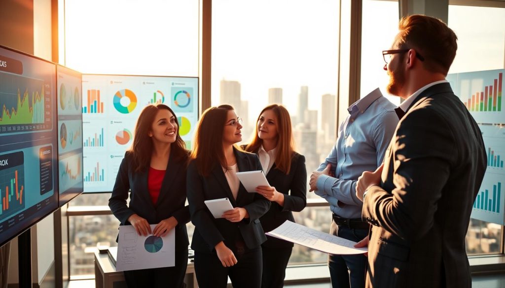A modern office setting highlighting the theme of data-driven fundraising. In the foreground, a diverse group of professionals—two women and a man—all wearing smart business attire, intently analyzing visual data displayed on large screens. In the middle ground, various colorful charts and graphs, including pie charts and bar graphs, are prominently featured on the screens, illustrating trends and insights. Rolling whiteboard sessions can be seen, with handwritten notes on fundraising strategies. In the background, a cityscape through the office windows, bathed in warm daylight, creates a productive and optimistic atmosphere. The overall lighting is bright but soft, enhancing focus and clarity. The image embodies collaboration, innovation, and strategic planning, conveying a sense of purpose and professionalism.