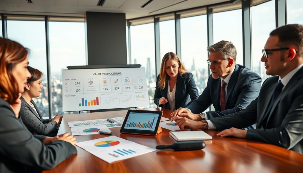 A modern office setting that embodies a professional atmosphere focused on enhancing a fund's value proposition. In the foreground, a diverse group of business professionals in formal attire, including a woman in a tailored suit and a man with a crisp tie, are engaged in a dynamic discussion around a large conference table, reviewing colorful charts and financial projections on a digital tablet. In the middle ground, a sleek whiteboard displays strategic concepts and value propositions, blending creativity with fiscal strategy. The background features a panoramic window showcasing a vibrant cityscape, symbolizing growth and opportunity, under soft, natural lighting that creates a warm and inviting mood. Use a wide-angle lens to emphasize collaboration and innovation in this funding environment.