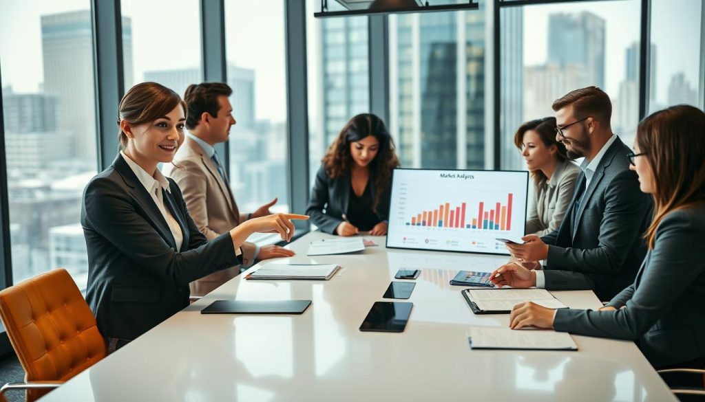 A modern office setting with a diverse group of professional managers gathered around a sleek conference table, discussing strategies to establish their market category. In the foreground, a confident woman in formal business attire points to a digital presentation featuring market analysis graphs on a screen, depicting emerging trends and opportunities. The middle ground showcases colleagues engaging in conversation, analyzing documents, and taking notes, with a warm, inviting atmosphere suggesting collaboration and innovation. The background features large windows with a cityscape view, allowing soft, natural light to illuminate the scene. The mood is focused and determined, emphasizing professionalism and forward-thinking in the rapidly evolving financial landscape. The camera angle captures the dynamic interactions among the team, highlighting their commitment to defining their niche in the market.