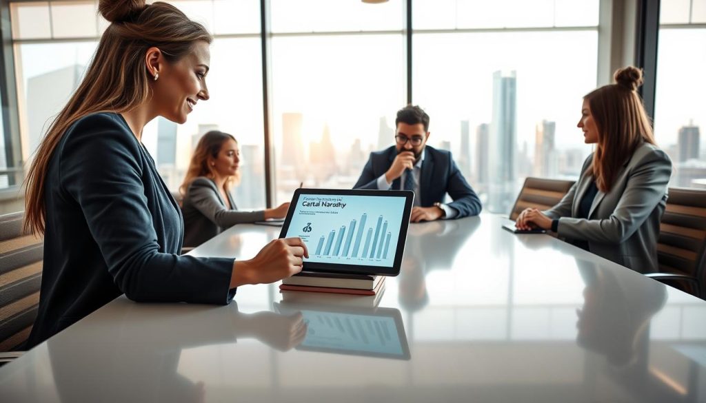 A modern office space featuring a diverse group of fintech founders strategically gathered around a sleek conference table. The foreground highlights a confident female entrepreneur presenting a compelling capital narrative visualized on a digital tablet. In the middle, a thoughtful male colleague takes notes, while another team member, dressed in smart business attire, engages with the presentation. The background showcases a large window with a vibrant city skyline, symbolizing growth and opportunity. Soft, natural light filters through the space, creating an inspiring and collaborative atmosphere. The camera angle captures the dynamic interaction from slightly above the table, emphasizing the energy and focus on crafting innovative fundraising strategies in the fintech sector.