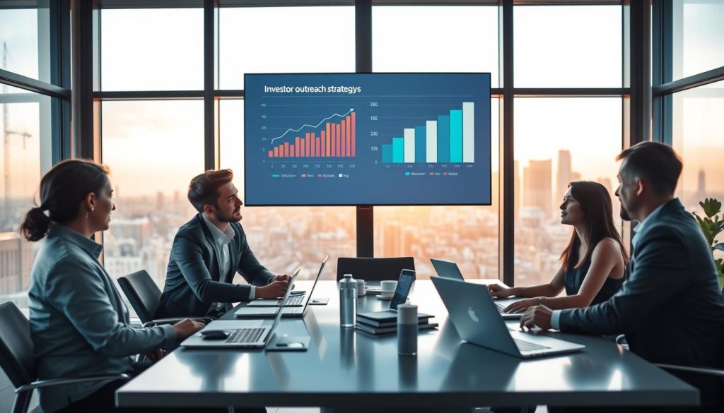 A modern office space showcasing a professional business meeting focused on investor outreach strategies. In the foreground, a diverse group of four individuals in professional attire engages in discussion around a large conference table, with laptops and documents spread out. The middle layer features a stylish digital presentation screen displaying investment charts and graphs, symbolizing growth potential. In the background, floor-to-ceiling windows provide a panoramic view of a city skyline during the golden hour, casting warm, inviting light into the room. The atmosphere is collaborative and focused, reflecting the importance of relationship building in business and investment. Soft, natural lighting enhances the professional ambiance, while a slight depth of field adds emphasis to the engaged participants.