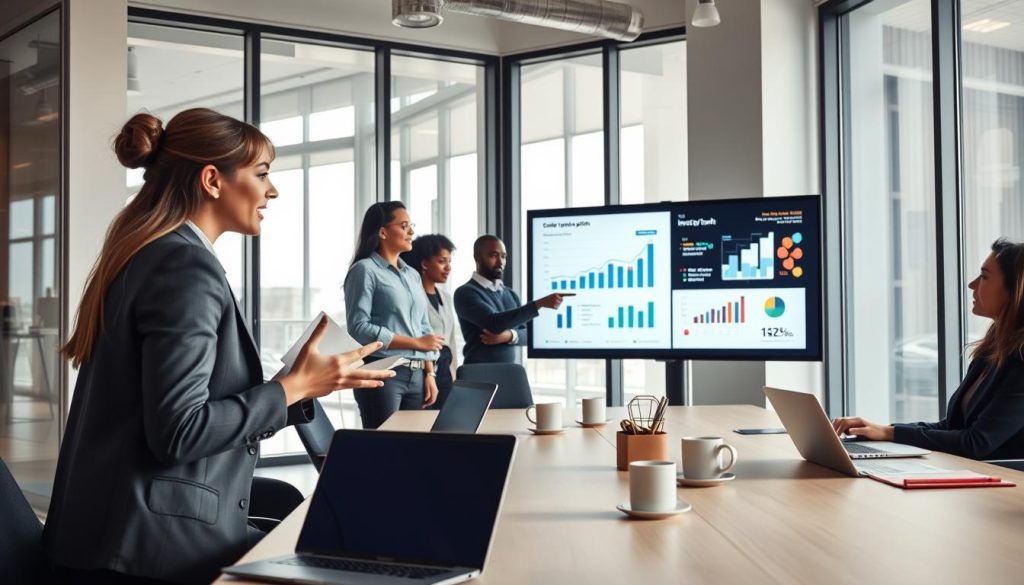 A modern office space with a sleek, minimalistic aesthetic, showcasing a diverse group of professionals collaborating on a sharp investment pitch. In the foreground, an engaged female entrepreneur in professional attire is animatedly presenting her startup idea on a large screen, which displays dynamic graphs and visuals. In the middle, a diverse team of three individuals, one of whom is taking notes, while another points to the screen, reflecting teamwork and enthusiasm. The background features large windows with natural light pouring in, casting a soft glow that enhances the focused atmosphere. The mood is vibrant and energetic, emphasizing creativity and professionalism, with a modern conference table adorned with laptops, notepads, and coffee cups. The camera angle offers a slight overhead view, capturing the dynamic interaction within the scene.