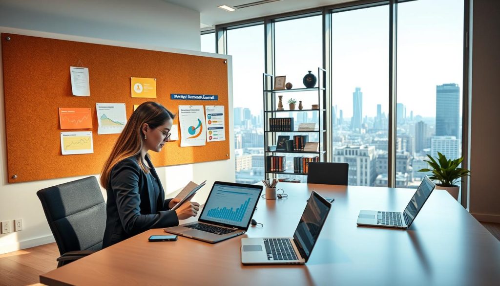 A modern office workspace designed for managing communication channels, featuring a large, sleek desk with digital devices like laptops and tablets displaying graphs and investor data. In the foreground, a well-dressed businesswoman is actively engaged in a video call, taking notes, and surrounded by colorful diagrams pinned to a corkboard, illustrating outreach strategies. In the middle ground, a contemporary shelving unit displays awards and books on investment strategy, showcasing a professional atmosphere. The background features large windows with city skyline views, allowing natural sunlight to flood the room, enhancing a positive and productive vibe. The composition captures a sense of urgency and focus, with soft, warm lighting for a welcoming touch.