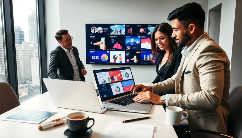 A modern office workspace featuring a diverse group of two professionals, one male and one female, collaborating intently over a sleek laptop displaying a vibrant pitch deck design. The foreground showcases a clutter-free desk with design tools such as a tablet, sketches, and coffee cups, suggesting creativity and focus. In the middle ground, a large wall-mounted digital screen showcases various pitch deck slides with graphs and images, indicating a strong narrative. The background features a bright window with city views, letting in soft, natural light that creates a welcoming atmosphere. The mood is professional yet creative, encapsulating the essence of innovative startup presentations. The professionals are dressed in smart business attire, conveying a sense of seriousness and professionalism.