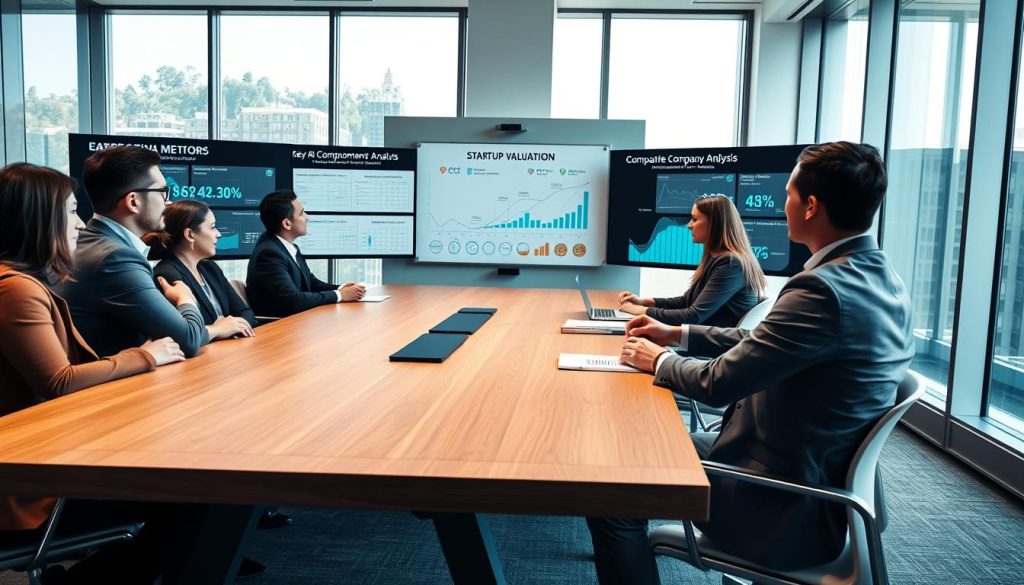 A modern office workspace with a sleek, wooden conference table in the foreground, where professionals in business attire are engaging in a discussion about startup valuation. The group, a diverse mix of men and women, is surrounded by digital screens displaying key valuation methods and metrics like DCF, comparable company analysis, and precedent transactions. In the middle ground, a large whiteboard showcases diagrams and graphs depicting trends and metrics relevant to startup valuation. The background features large windows allowing natural light to pour in, providing a bright and optimistic atmosphere. The lighting should be soft yet illuminating, and the angle should capture a dynamic view of collaboration and strategy. The mood is focused and professional, emphasizing a blend of innovation and analytical thinking. A modern office workspace with a sleek, wooden conference table in the foreground, where professionals in business attire are engaging in a discussion about startup valuation. The group, a diverse mix of men and women, is surrounded by digital screens displaying key valuation methods and metrics like DCF, comparable company analysis, and precedent transactions. In the middle ground, a large whiteboard showcases diagrams and graphs depicting trends and metrics relevant to startup valuation. The background features large windows allowing natural light to pour in, providing a bright and optimistic atmosphere. The lighting should be soft yet illuminating, and the angle should capture a dynamic view of collaboration and strategy. The mood is focused and professional, emphasizing a blend of innovation and analytical thinking.