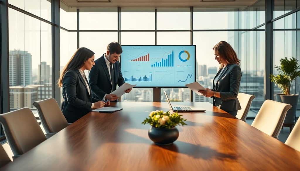 A modern office workspace with an elegant wooden conference table at the forefront, featuring a diverse group of three professionals in smart business attire intently discussing documents and digital devices. In the middle ground, a large digital screen shows graphs and data analytics related to investor due diligence. The background is filled with floor-to-ceiling windows revealing a city skyline, with the sunlight casting a warm glow throughout the room. The atmosphere is focused and collaborative, suggesting an important strategic meeting. Use soft, natural lighting that highlights the subjects and adds a professional ambiance. The scene should reflect the essence of strategic approaches in investor due diligence effectively.