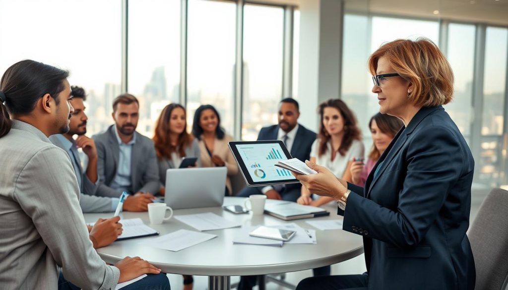 A modern, professional meeting room filled with diverse individuals engaged in a strategic brainstorming session. In the foreground, a middle-aged woman in business attire passionately presents insights on a digital tablet, with charts and graphs displayed. Surrounding her are attentive colleagues of different ethnicities, taking notes and nodding in agreement. In the middle ground, a large glass window lets in soft, natural light, illuminating a large round table adorned with documents, laptops, and coffee cups. The atmosphere is focused and collaborative, reflecting the seriousness of integrating advisory insights for effective fundraising. In the background, a city skyline is visible, symbolizing opportunity and ambition. The image is crisp and well-lit, shot from a slightly elevated angle to capture the dynamic interaction among participants. A modern, professional meeting room filled with diverse individuals engaged in a strategic brainstorming session. In the foreground, a middle-aged woman in business attire passionately presents insights on a digital tablet, with charts and graphs displayed. Surrounding her are attentive colleagues of different ethnicities, taking notes and nodding in agreement. In the middle ground, a large glass window lets in soft, natural light, illuminating a large round table adorned with documents, laptops, and coffee cups. The atmosphere is focused and collaborative, reflecting the seriousness of integrating advisory insights for effective fundraising. In the background, a city skyline is visible, symbolizing opportunity and ambition. The image is crisp and well-lit, shot from a slightly elevated angle to capture the dynamic interaction among participants.