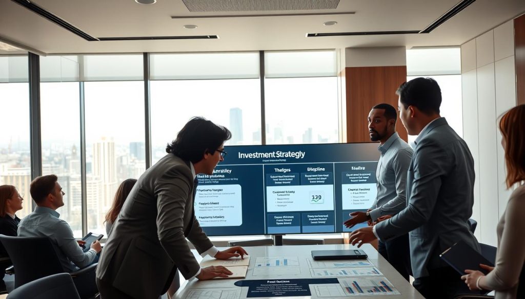A modern, sleek conference room filled with diverse professionals engaged in a dynamic discussion about investment strategies. In the foreground, two individuals in business attire are exchanging ideas passionately, leaning over a table covered with charts and graphs. The middle ground features a large interactive screen displaying a crisp, visual representation of a fund narrative, showcasing key points like thesis, edge, and discipline. The background reveals a panoramic view of a bustling cityscape through a floor-to-ceiling window, symbolizing opportunity and growth. Soft, natural lighting filters into the room, creating an inviting atmosphere that encourages collaboration and focus. The overall mood is energetic yet professional, reflecting the importance of clear and compelling communication in investor conversations.
