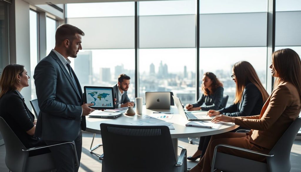 Professionals reviewing healthtech capital-process data in a meeting room
