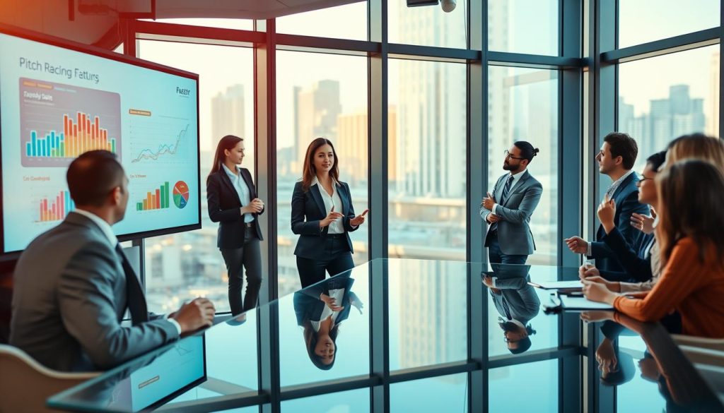 A modern, sleek conference room setting filled with a group of diverse professionals engaged in a pitch presentation for a startup. The foreground features a large, digital projector displaying a visually appealing pitch deck with colorful graphs and charts. In the middle ground, a confident female entrepreneur dressed in formal business attire stands by a glass table, energetically presenting. Surrounding her are a few attentive investors, both male and female, taking notes and discussing excitedly. The background shows large windows with city views, allowing warm, natural light to flood the room. The atmosphere is one of collaboration and innovation, evoking a sense of optimism and determination. The image has a sharp focus, soft bokeh effect around the edges, and bright, well-balanced lighting. A modern, sleek conference room setting filled with a group of diverse professionals engaged in a pitch presentation for a startup. The foreground features a large, digital projector displaying a visually appealing pitch deck with colorful graphs and charts. In the middle ground, a confident female entrepreneur dressed in formal business attire stands by a glass table, energetically presenting. Surrounding her are a few attentive investors, both male and female, taking notes and discussing excitedly. The background shows large windows with city views, allowing warm, natural light to flood the room. The atmosphere is one of collaboration and innovation, evoking a sense of optimism and determination. The image has a sharp focus, soft bokeh effect around the edges, and bright, well-balanced lighting.