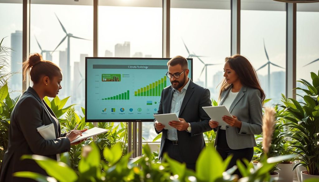 Professionals discussing climate tech funding in a green office setting