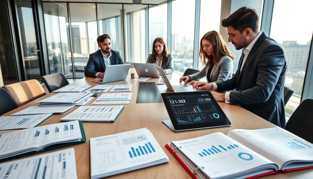 A modern, well-organized startup data room set up for diligence, featuring a sleek conference table covered with essential documents, laptops, and neatly arranged financial reports. In the foreground, a diverse group of professionals in business attire—two men and two women—are reviewing materials and discussing strategies, showcasing teamwork and collaboration. The middle layer includes open binders filled with graphs, charts, and spreadsheets, paired with a digital tablet displaying data analytics. The background reveals a glass wall with city views, bathed in soft natural light coming from large windows, creating a bright and inspiring atmosphere. The angle should capture a dynamic perspective, emphasizing the energy and professionalism of a bustling startup environment. The mood is focused and productive, reflecting the serious nature of preparing for diligence. A modern, well-organized startup data room set up for diligence, featuring a sleek conference table covered with essential documents, laptops, and neatly arranged financial reports. In the foreground, a diverse group of professionals in business attire—two men and two women—are reviewing materials and discussing strategies, showcasing teamwork and collaboration. The middle layer includes open binders filled with graphs, charts, and spreadsheets, paired with a digital tablet displaying data analytics. The background reveals a glass wall with city views, bathed in soft natural light coming from large windows, creating a bright and inspiring atmosphere. The angle should capture a dynamic perspective, emphasizing the energy and professionalism of a bustling startup environment. The mood is focused and productive, reflecting the serious nature of preparing for diligence.