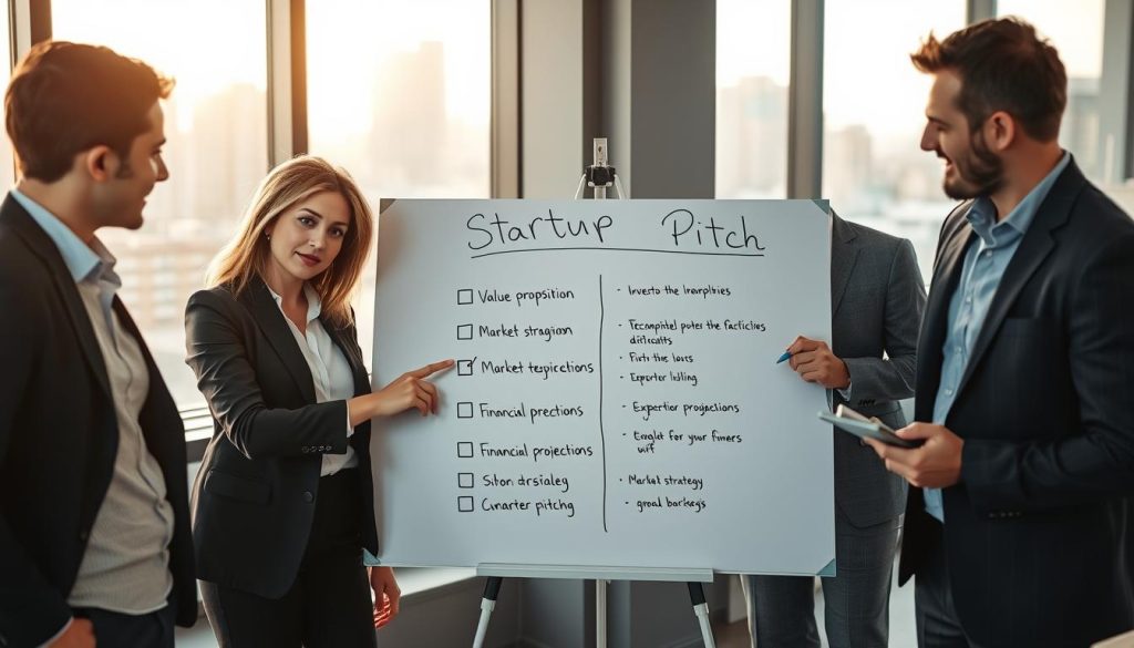 A modern workspace scene featuring a diverse group of four professionals engaged in a brainstorming session for a startup pitch. In the foreground, a well-dressed woman points to a large, detailed checklist displayed on a whiteboard, listing key elements of an investor pitch like “Value Proposition,” “Market Strategy,” and “Financial Projections.” To the side, a man in a sharp blazer jots down notes on a tablet. In the background, a large window reveals a cityscape bathed in soft, natural light, casting a warm glow over the room. The overall mood is collaborative and focused, reflecting a blend of excitement and determination as they refine their compelling pitch narrative.