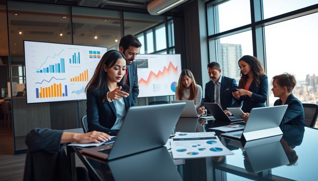 A modern workspace showcasing a diverse team of professionals analyzing data-driven insights for growth traction. In the foreground, a confident woman in business attire is examining graphs and charts on her laptop, while a man beside her gestures towards a large data visualization displayed on a digital screen. In the middle ground, other team members are collaborating at a sleek conference table, surrounded by tablets and data reports, all focused intently on their tasks. The background features large windows with a cityscape view, allowing natural light to flood the room, creating an energetic and optimistic atmosphere. The image conveys professionalism, teamwork, and innovation, emphasizing the importance of leveraging data for strategic growth. The perspective is slightly elevated to capture the essence of collaboration and engagement. A modern workspace showcasing a diverse team of professionals analyzing data-driven insights for growth traction. In the foreground, a confident woman in business attire is examining graphs and charts on her laptop, while a man beside her gestures towards a large data visualization displayed on a digital screen. In the middle ground, other team members are collaborating at a sleek conference table, surrounded by tablets and data reports, all focused intently on their tasks. The background features large windows with a cityscape view, allowing natural light to flood the room, creating an energetic and optimistic atmosphere. The image conveys professionalism, teamwork, and innovation, emphasizing the importance of leveraging data for strategic growth. The perspective is slightly elevated to capture the essence of collaboration and engagement.