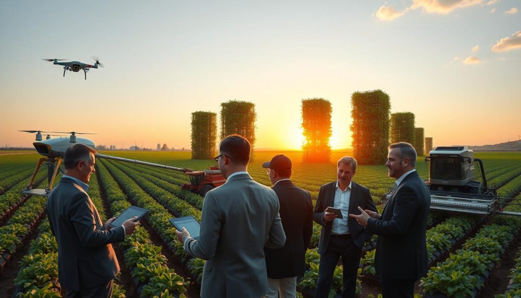 A panoramic view of a modern agritech landscape, showcasing diverse elements in farming technology. In the foreground, a group of professionals in business attire discusses investment strategies while analyzing data on digital tablets. In the middle ground, innovative farming equipment, such as drones and automated harvesters, operates alongside smart sensors monitoring crops. Towering vertical farms with lush greenery stand in the background, symbolizing sustainable agriculture. The sun sets on the horizon, casting warm golden light over the scene, enhancing a sense of optimism and opportunity. The image captures the dynamic intersection of agriculture and technology, inviting viewers to explore emerging trends in agritech investments.