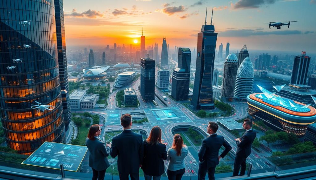 A panoramic view of a vibrant deep tech landscape, featuring futuristic city skyscrapers made of glass and metal, interspersed with greenery and high-tech innovation hubs. In the foreground, diverse professionals in smart business attire discuss over digital displays showcasing technological advancements, research graphs, and startup pitches. The middle ground captures advanced drones and autonomous vehicles navigating the smart city streets, while interactive holograms project 3D models of emerging technologies. In the background, a sunset casts a warm glow over the skyline, creating an inspiring atmosphere of innovation and possibility. The scene is illuminated by a balanced blend of natural and artificial light, conveying a sense of optimism and forward-thinking in the deep tech ecosystem, captured with a wide-angle lens to emphasize breadth and depth.