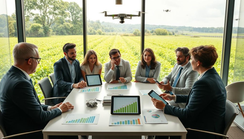 A professional agritech fundraising scene showcasing traction and unit economics. In the foreground, a diverse group of business professionals in formal attire are engaged in a dynamic discussion around a sleek table with digital tablets and charts displaying growth graphs and financial metrics. The middle ground features a modern, bright conference room with large windows, greenery visible outside, emphasizing a connection to agriculture. In the background, enhanced visuals of farm landscapes with crops growing and drones flying overhead represent technological innovation in farming. Soft, natural lighting floods the room, creating an optimistic and productive atmosphere. The angle captures the energy of collaboration, with a focus on the professionals' engagement and the data presented.