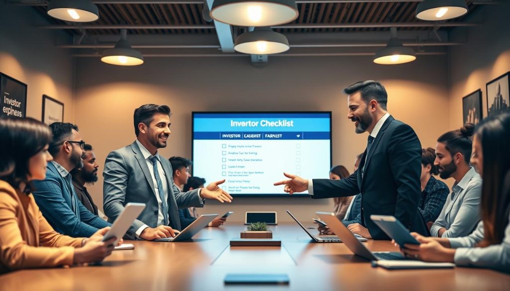 A professional business environment where a diverse group of startup leaders are gathered around a large conference table, displaying an investor readiness checklist on a digital screen in the background. In the foreground, two confident leaders—a man in a tailored suit and a woman in professional attire—are engaged in an animated discussion, pointing at the checklist. The middle ground features focused team members taking notes on tablets and laptops. The setting has warm, inviting lighting from overhead fixtures, creating a collaborative atmosphere. The walls are adorned with motivational business artwork. Capture the scene from a slightly elevated angle to convey the seriousness and enthusiasm of preparing to raise capital. No text or watermarks, emphasizing a vibrant, productive business ambiance.