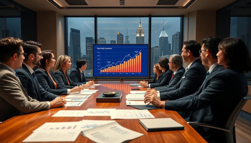 A professional business meeting in a sleek conference room, illuminated by soft, warm lighting. In the foreground, a diverse group of business professionals, dressed in tailored suits, are engaged in discussion around a polished wooden table filled with financial reports and charts. The middle layer features a large screen displaying a dynamic graph indicating growth and returns on investment, capturing attention. In the background, cityscape views through floor-to-ceiling windows showcase a bustling metropolis, representing opportunity and growth. The atmosphere is one of collaboration and strategic planning, emphasizing professionalism and focus, with an inviting and optimistic mood. The camera angle is slightly elevated, allowing a comprehensive view of the interaction and setting.