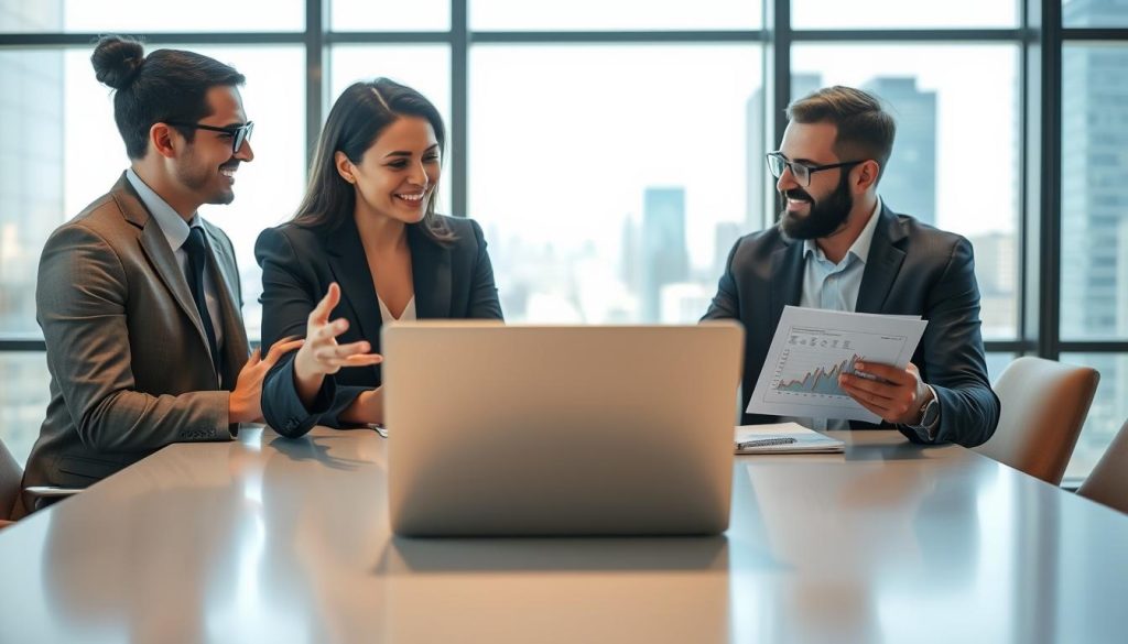 A professional business meeting scene focused on fundraising, featuring a diverse group of three experts discussing strategies around a sleek conference table. In the foreground, a woman in smart business attire actively gestures while presenting a financial projection on a laptop; the middle ground shows two men, one taking notes and the other analyzing charts on a tablet. The background showcases a large window with a city skyline, allowing natural light to flood the room, creating a warm and inviting atmosphere. The image conveys collaboration and insight, with a depth of field that highlights the professionals in conversation while softly blurring the background. The overall mood is optimistic and focused, emphasizing partnership and expertise.