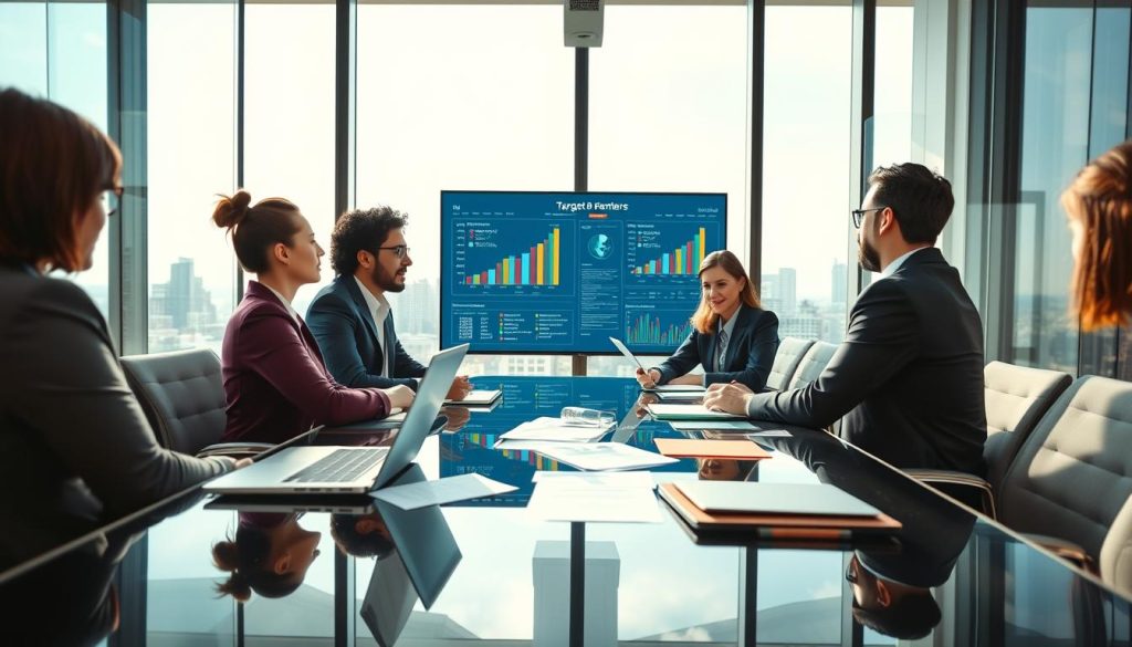 A professional business meeting scene in a modern conference room, emphasizing collaboration and strategic planning. In the foreground, a diverse group of four business professionals, dressed in sharp business attire, are engaged in a discussion around a sleek glass table, with laptops and documents scattered. In the middle ground, a large screen displays data visualizations related to investor metrics and partnership opportunities. The background features a large window with a city skyline, allowing natural light to flood the room, creating a bright and optimistic atmosphere. The composition is captured with a wide-angle lens, focusing on the interaction between the professionals, conveying a sense of purpose and determination in targeting investors and capital partners. The overall mood is dynamic and forward-thinking.
