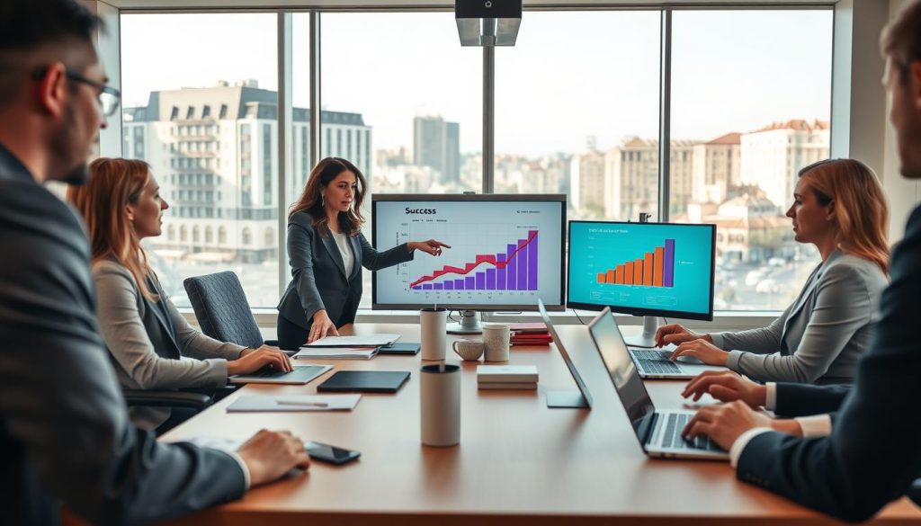 A professional business meeting scene in an elegantly designed conference room, showcasing a diverse group of individuals in business attire, deeply engaged in a discussion around a table filled with laptops, documents, and presentation materials. In the foreground, a middle-aged woman points to a vibrant chart displayed on a sleek digital screen. The middle section features a whiteboard with strategic notes and success metrics, while the background reveals large windows showcasing a bustling European cityscape. Soft, natural light filters through, creating a warm yet professional atmosphere. The mood conveys inspiration and collaboration, emphasizing the theme of growth and achievement in the startup ecosystem. The perspective is a slightly elevated angle, capturing all elements harmoniously without any text overlays or distractions. A professional business meeting scene in an elegantly designed conference room, showcasing a diverse group of individuals in business attire, deeply engaged in a discussion around a table filled with laptops, documents, and presentation materials. In the foreground, a middle-aged woman points to a vibrant chart displayed on a sleek digital screen. The middle section features a whiteboard with strategic notes and success metrics, while the background reveals large windows showcasing a bustling European cityscape. Soft, natural light filters through, creating a warm yet professional atmosphere. The mood conveys inspiration and collaboration, emphasizing the theme of growth and achievement in the startup ecosystem. The perspective is a slightly elevated angle, capturing all elements harmoniously without any text overlays or distractions.