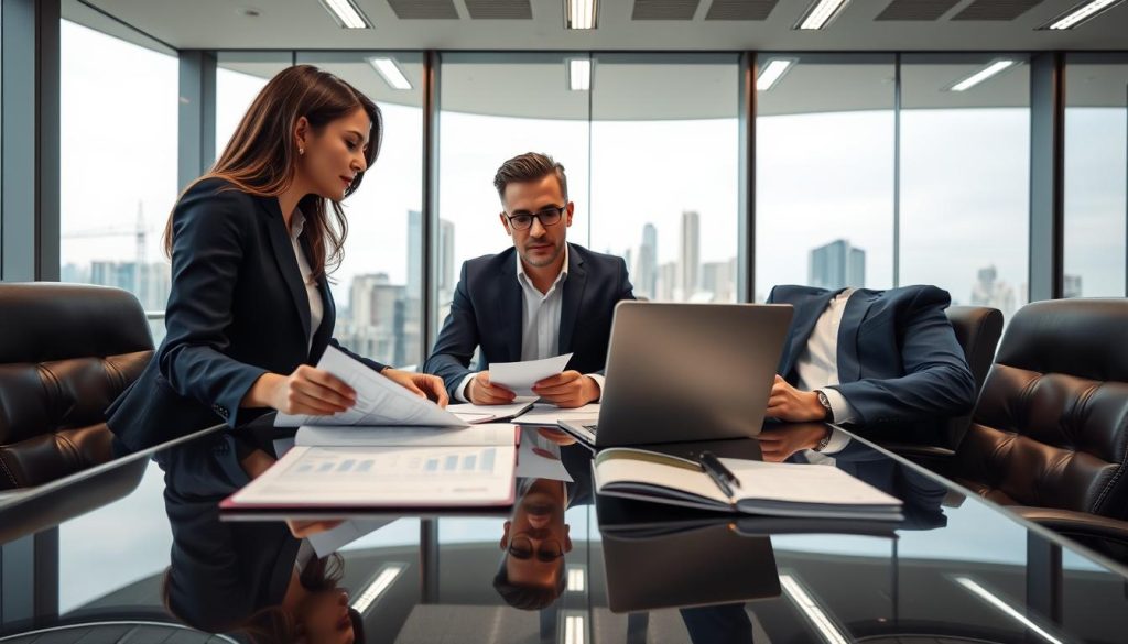 A professional business meeting scene set in a sleek, modern conference room, with a large glass table and comfortable leather chairs. Foreground: two consultants, a woman in a tailored navy suit and a man in a crisp white shirt and blue blazer, discussing documents with serious expressions, showcasing collaboration. Middle ground: an open laptop displaying financial graphs and a notepad filled with notes. Background: large windows with a city skyline view, allowing natural light to brighten the room. The soft glow of overhead LED lights adds to the clarity of the atmosphere. A sense of focus and professionalism permeates the image, capturing the essence of strategic partnership in the realm of capital processes. A professional business meeting scene set in a sleek, modern conference room, with a large glass table and comfortable leather chairs. Foreground: two consultants, a woman in a tailored navy suit and a man in a crisp white shirt and blue blazer, discussing documents with serious expressions, showcasing collaboration. Middle ground: an open laptop displaying financial graphs and a notepad filled with notes. Background: large windows with a city skyline view, allowing natural light to brighten the room. The soft glow of overhead LED lights adds to the clarity of the atmosphere. A sense of focus and professionalism permeates the image, capturing the essence of strategic partnership in the realm of capital processes.