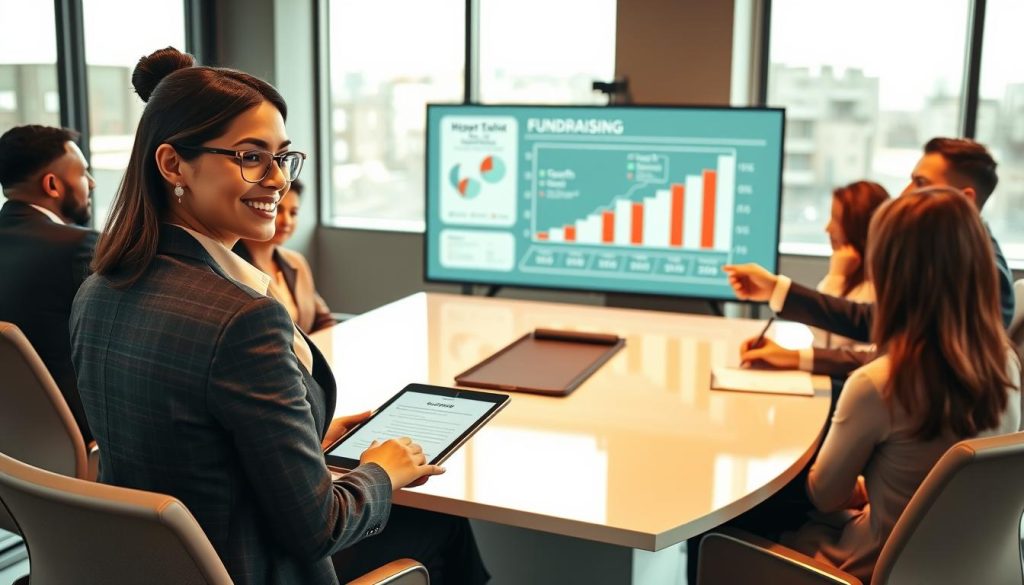 A professional business meeting scene, showcasing a diverse group of individuals seated around a sleek conference table. In the foreground, a confident woman in a tailored suit passionately presents a fundraising proposal using a digital tablet, her expression conveying determination and creativity. In the middle, two men in business attire actively engaging in conversation, one taking notes, the other pointing at a visual chart displayed on a large screen depicting growth metrics and investment strategies. The background is a modern office with large windows allowing natural light to flood the room, enhancing the collaborative atmosphere. Warm tones dominate, creating a motivating and inspiring mood, perfect for discussing impactful storytelling in fundraising.