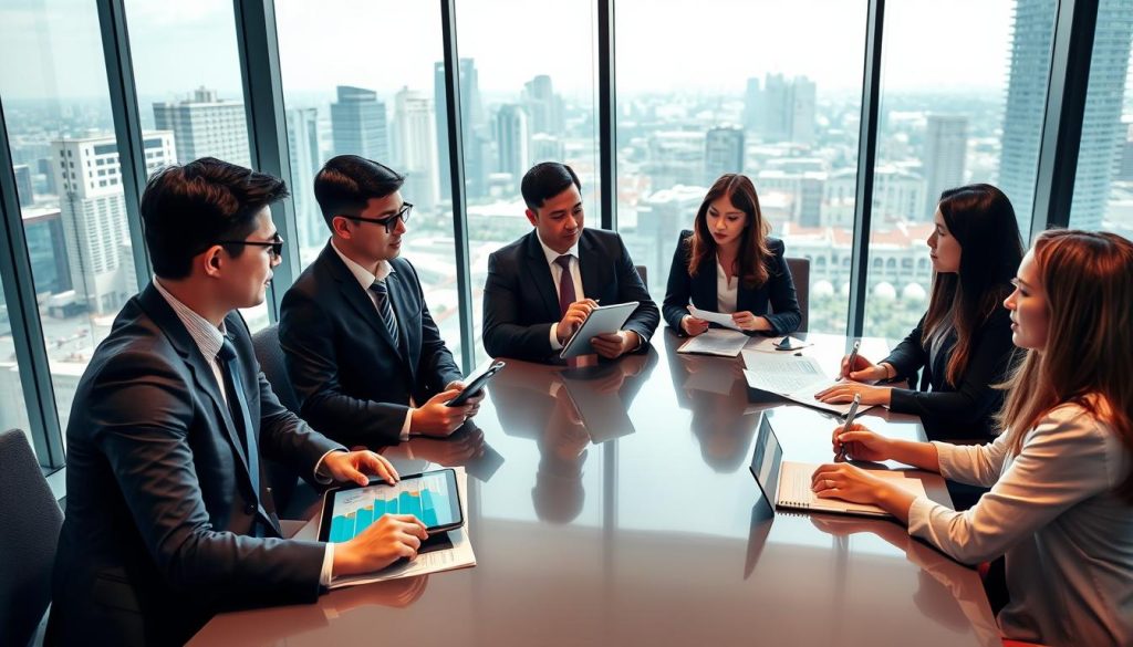 A professional business meeting taking place in a modern office setting, with a diverse group of individuals engaged in focused discussions around a sleek conference table. The foreground features two professionals in smart business attire actively presenting strategies on outreach, using digital tablets and charts. In the middle ground, attentive participants are listening and taking notes, showcasing a dynamic atmosphere of collaboration and clarity. The background presents a panoramic view of Singapore's skyline through large glass windows, highlighting the city's vibrant business environment. Soft, natural lighting filters in, creating a warm and inviting ambiance. The angle captures the interaction among team members, emphasizing the importance of clarity in capital conversations. A professional business meeting taking place in a modern office setting, with a diverse group of individuals engaged in focused discussions around a sleek conference table. The foreground features two professionals in smart business attire actively presenting strategies on outreach, using digital tablets and charts. In the middle ground, attentive participants are listening and taking notes, showcasing a dynamic atmosphere of collaboration and clarity. The background presents a panoramic view of Singapore's skyline through large glass windows, highlighting the city's vibrant business environment. Soft, natural lighting filters in, creating a warm and inviting ambiance. The angle captures the interaction among team members, emphasizing the importance of clarity in capital conversations.