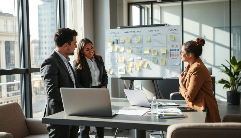 A professional business setting depicting a diverse group of founders analyzing market trends to secure funding. In the foreground, two individuals in smart business attire are engaged in a discussion, with a laptop displaying graphs and charts opened between them. In the middle ground, a large whiteboard is filled with post-it notes and trend analyses, representing various key sectors. The background features a sleek office environment with modern furniture and large windows allowing natural light to flood in, casting soft shadows. The mood is focused and optimistic, emphasizing collaboration and innovation, as they work together toward a successful Pre-Series A fundraising endeavor. The scene is shot from a slightly elevated angle to capture the action and dynamics of the discussion, highlighting the importance of leveraging market trends. A professional business setting depicting a diverse group of founders analyzing market trends to secure funding. In the foreground, two individuals in smart business attire are engaged in a discussion, with a laptop displaying graphs and charts opened between them. In the middle ground, a large whiteboard is filled with post-it notes and trend analyses, representing various key sectors. The background features a sleek office environment with modern furniture and large windows allowing natural light to flood in, casting soft shadows. The mood is focused and optimistic, emphasizing collaboration and innovation, as they work together toward a successful Pre-Series A fundraising endeavor. The scene is shot from a slightly elevated angle to capture the action and dynamics of the discussion, highlighting the importance of leveraging market trends.