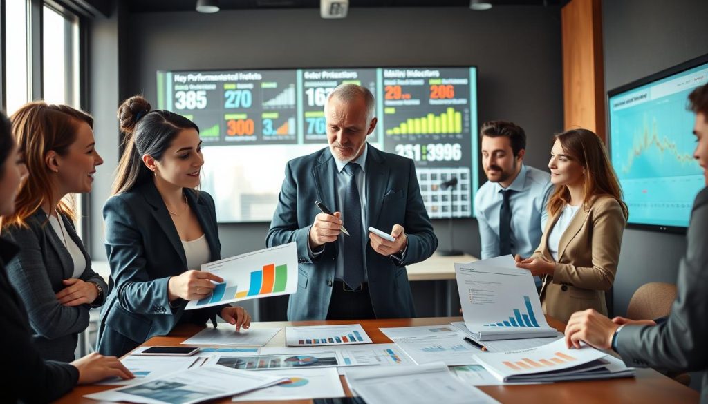 A professional business setting featuring a diverse group of entrepreneurs and investors engaged in a discussion around a large table strewn with sector-specific investment documents and charts. In the foreground, a young woman in a smart blazer enthusiastically points at a colorful graph, while a middle-aged man in a crisp suit takes notes. In the middle ground, a large window lets in soft, natural light, illuminating an urban skyline. Behind them, a digital screen displays key performance indicators and market trends relevant to specific industries. The atmosphere is dynamic and collaborative, reflecting a sense of opportunity and focus, with a warm color palette to evoke positivity and potential. The photo is captured from a slightly elevated angle, creating an engaging perspective.