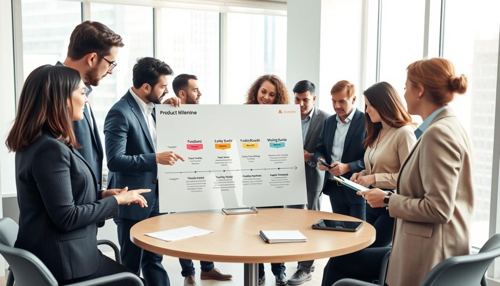 A professional business setting featuring a diverse group of individuals in business attire engaged in a strategic discussion. In the foreground, a large whiteboard displays a timeline highlighting product milestones and corresponding funding rounds, marked with colorful tabs. The middle ground showcases a round conference table where team members are collaborating, some pointing towards the timeline, others taking notes. The background features large windows letting in soft natural light, creating a bright and uplifting atmosphere. The camera angle is slightly elevated, capturing the dynamic exchange of ideas. The mood is focused and innovative, reflecting a serious yet optimistic tone as they align their vision for funding and product development in the AI startup landscape.