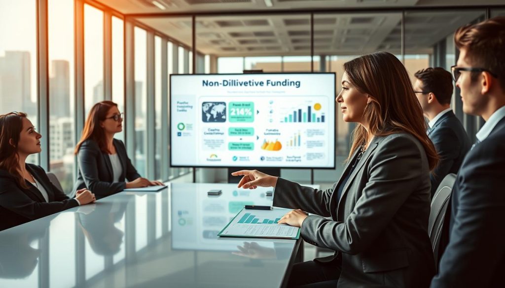 A professional business setting featuring a diverse group of individuals in business attire discussing non-dilutive funding options for tech startups. In the foreground, a confident woman points to a digital presentation on non-dilutive funding while seated at a sleek conference table, surrounded by attentive colleagues taking notes. The middle layer showcases a large screen displaying illustrative graphics of funding sources like grants, competitions, and strategic partnerships. In the background, a modern office space with glass walls and city skyline views, bathed in warm, natural light. The atmosphere is collaborative and focused, highlighting innovation and strategic dialogue. The composition should be well-lit to enhance the professionalism of the environment, with a slight depth of field effect to draw attention to the foreground discussion.