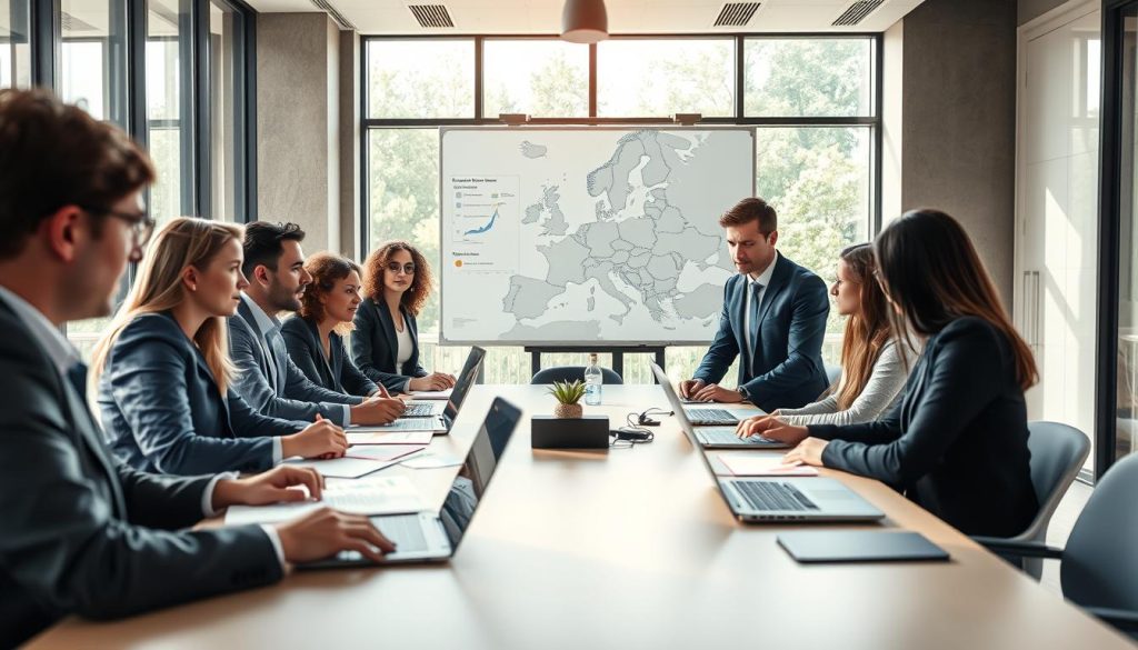 A professional business setting illustrating the concept of navigating EU and national funding instruments. In the foreground, a diverse group of business professionals in smart attire, engaged in discussion around a large conference table, with laptops and documents spread out. In the middle ground, charts and graphs on a whiteboard display various funding options, with a map of Europe visible as a backdrop. Bright, natural light pours in through large windows, enhancing a collaborative atmosphere. The scene is captured from a slightly elevated angle to provide depth, showcasing the interaction and strategic planning occurring among team members. The overall mood is focused and energetic, conveying a sense of opportunity and determination in the startup funding landscape. A professional business setting illustrating the concept of navigating EU and national funding instruments. In the foreground, a diverse group of business professionals in smart attire, engaged in discussion around a large conference table, with laptops and documents spread out. In the middle ground, charts and graphs on a whiteboard display various funding options, with a map of Europe visible as a backdrop. Bright, natural light pours in through large windows, enhancing a collaborative atmosphere. The scene is captured from a slightly elevated angle to provide depth, showcasing the interaction and strategic planning occurring among team members. The overall mood is focused and energetic, conveying a sense of opportunity and determination in the startup funding landscape.
