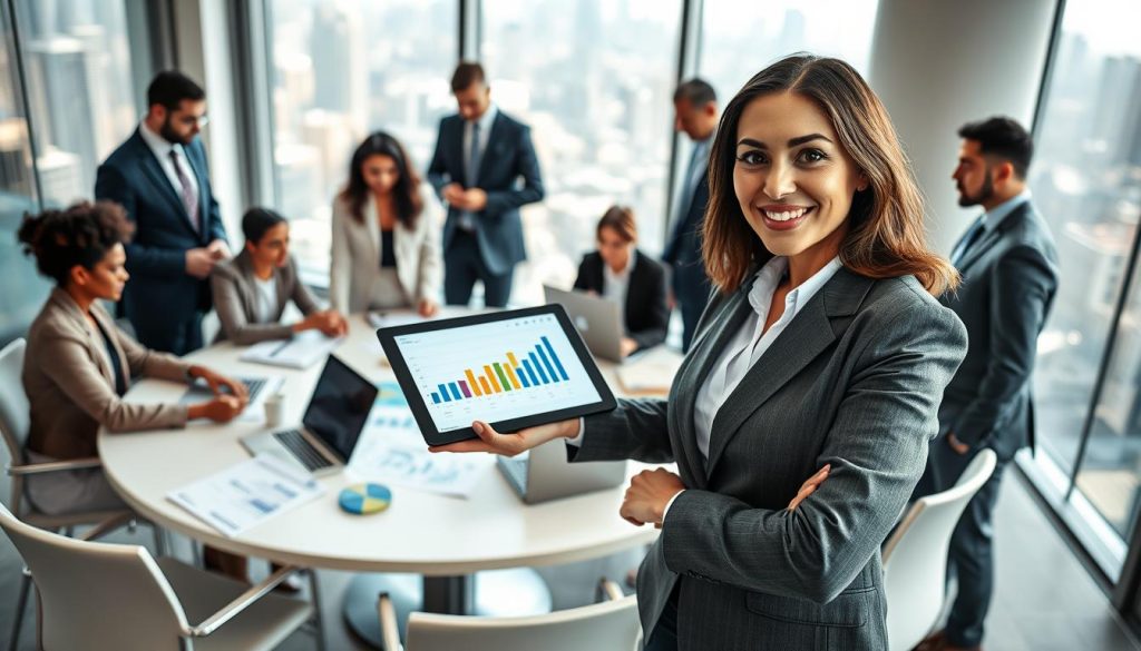 A professional business setting showcasing a diverse group of individuals engaged in a strategic planning session. In the foreground, a confident woman in a tailored blazer points to a digital tablet displaying financial graphs, reflecting capital readiness. In the middle ground, a round conference table with charts, maps, and laptops, illustrating strategic positioning. The background features a large window with urban skyline views, symbolizing expansive market opportunities. Soft, natural lighting floods the room, casting gentle shadows. Capture a sense of collaboration and forward-thinking in the atmosphere, with an emphasis on professionalism and teamwork. The image should convey a mood of optimism and strategic foresight, without any text or distractions.