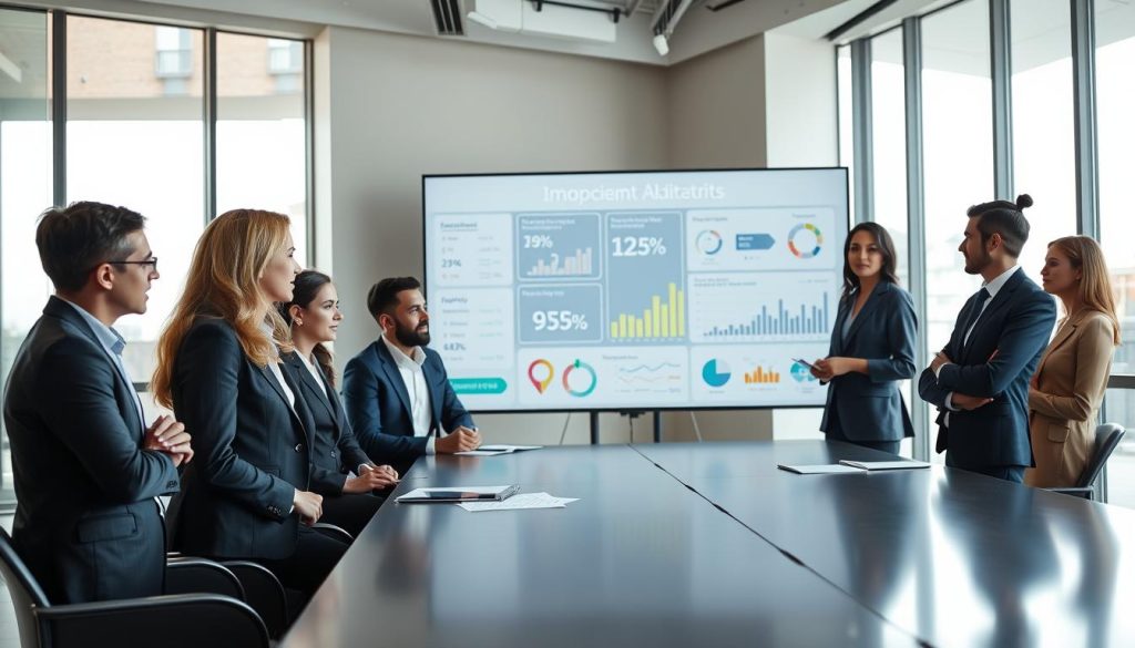 A professional business setting where a diverse group of engaged individuals in smart business attire gather around a sleek conference table. In the foreground, a confident presenter, a middle-aged woman, stands beside a large digital presentation screen displaying impactful metrics and visual storytelling elements. The middle ground includes attentive listeners, a mix of men and women, taking notes and analyzing the presented materials. The background features a modern office space with large windows letting in soft natural light, creating an inviting atmosphere. The overall mood is focused and optimistic, emphasizing collaboration and innovative ideas. The angle captures the dynamic interaction, showcasing the importance of crafting a clear and compelling narrative for investors.