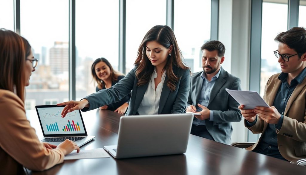 A professional business setting where a diverse group of founders is gathered around a modern conference table, actively discussing pre-Series A fundraising strategies. In the foreground, a young woman in a tailored blazer points to an open laptop displaying colorful charts and graphs. Beside her, a middle-aged man in a crisp dress shirt takes notes on a notepad, while a young man in smart casual attire reviews a document. In the background, large windows letting in natural light reveal a city skyline, enhancing the atmosphere of ambition and determination. Soft, diffused lighting illuminates the room, creating a collaborative mood. The angle captures the dynamic interaction among the team, emphasizing their focus and professionalism. A professional business setting where a diverse group of founders is gathered around a modern conference table, actively discussing pre-Series A fundraising strategies. In the foreground, a young woman in a tailored blazer points to an open laptop displaying colorful charts and graphs. Beside her, a middle-aged man in a crisp dress shirt takes notes on a notepad, while a young man in smart casual attire reviews a document. In the background, large windows letting in natural light reveal a city skyline, enhancing the atmosphere of ambition and determination. Soft, diffused lighting illuminates the room, creating a collaborative mood. The angle captures the dynamic interaction among the team, emphasizing their focus and professionalism.