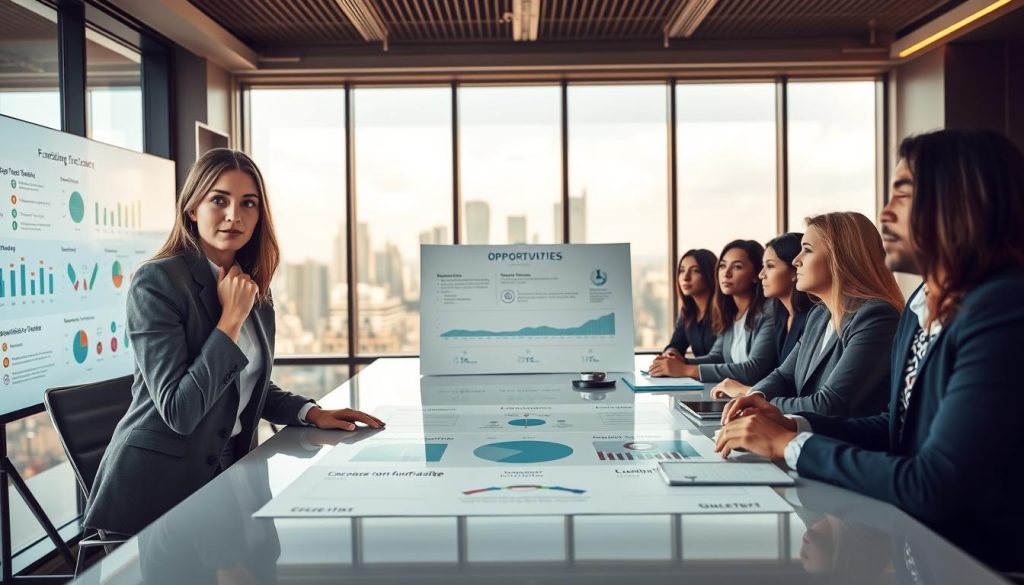 A professional business setting with a well-dressed team of diverse individuals engaged in a strategy session around a sleek conference table. In the foreground, a thoughtful female team leader points at a digital presentation board displaying data visualizations and fundraising strategies. The middle ground features a strategy map prominently featuring milestones, goals, and timelines. Behind them, a large window reveals a cityscape bathed in soft, natural light, symbolizing opportunities. The atmosphere is focused and collaborative, with a sense of determination. Use warm lighting to create an inviting but professional mood, capturing the essence of optimizing LP fundraising strategies for success.