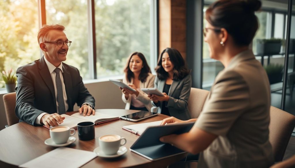 A professional meeting room bathed in warm, natural light, where two diverse groups of individuals engage in a dynamic discussion, symbolizing authentic partnerships. In the foreground, a middle-aged Caucasian man in a tailored suit gestures expressively while a middle-aged Asian woman in smart business attire nods thoughtfully. In the middle ground, a round table filled with open notebooks, digital tablets, and coffee cups shows collaborative documents. The background features a large window with greenery outside, accentuating a sense of growth and trust. Soft-focus lighting enhances the atmosphere of camaraderie and professionalism, evoking a sense of long-term relationship building. The camera angle is slightly elevated to capture the engagement level and shared enthusiasm in the room.