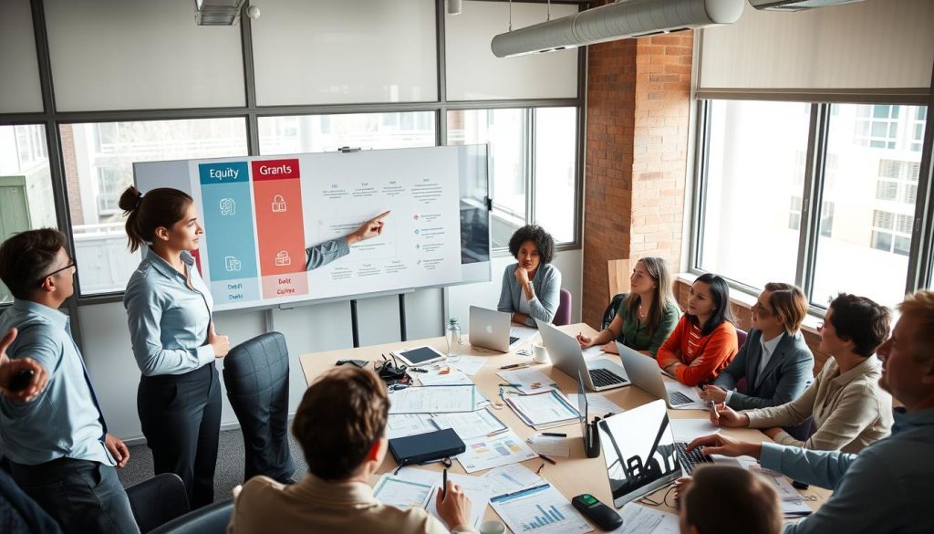 A professional meeting room filled with a diverse group of individuals, representing various backgrounds and ethnicities, engaged in a focused discussion about funding options. In the foreground, a woman in formal business attire points to a large visual display showing three columns labeled 'Debt,' 'Equity,' and 'Grants' with corresponding icons. In the middle, a table is covered with financial documents, charts, and laptops, highlighting various funding models. In the background, large windows let in natural light, illuminating the space and creating a bright, optimistic atmosphere. The overall mood is collaborative and strategic, emphasizing the importance of exploring diverse funding channels. The camera angle is slightly elevated, capturing both the participants and the visual aids effectively. A professional meeting room filled with a diverse group of individuals, representing various backgrounds and ethnicities, engaged in a focused discussion about funding options. In the foreground, a woman in formal business attire points to a large visual display showing three columns labeled 'Debt,' 'Equity,' and 'Grants' with corresponding icons. In the middle, a table is covered with financial documents, charts, and laptops, highlighting various funding models. In the background, large windows let in natural light, illuminating the space and creating a bright, optimistic atmosphere. The overall mood is collaborative and strategic, emphasizing the importance of exploring diverse funding channels. The camera angle is slightly elevated, capturing both the participants and the visual aids effectively.