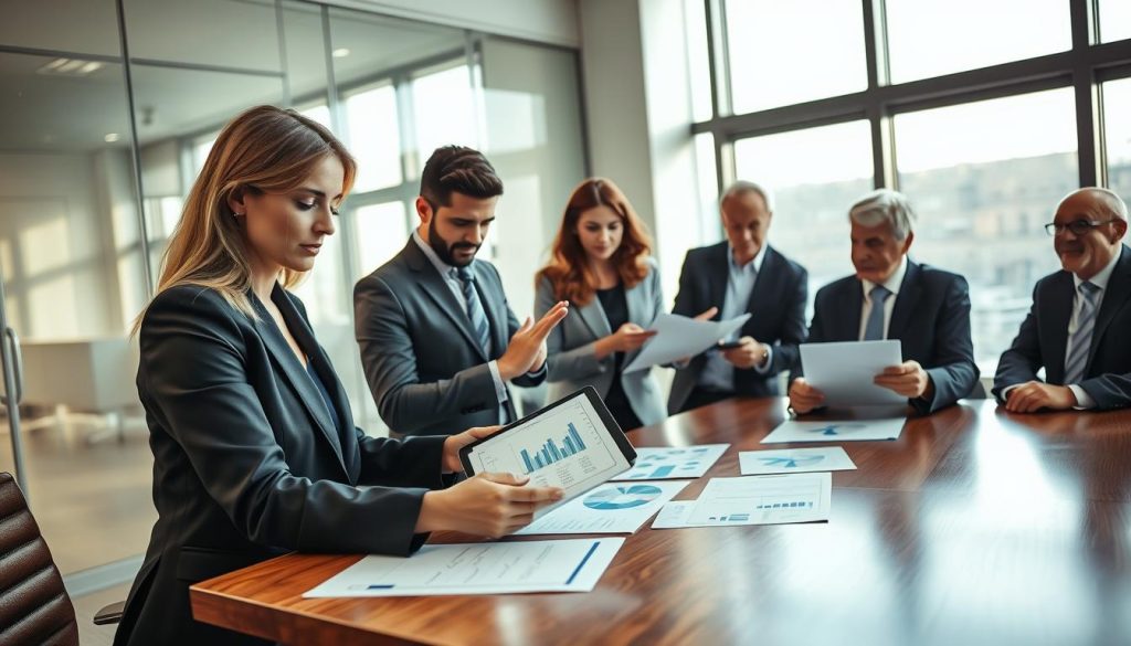 A professional meeting scene depicting a diverse group of financial advisors and family office representatives engaged in due diligence discussions. In the foreground, a well-dressed woman in a sharp business suit analyzes financial documents on a polished wooden table, her expression focused and inquisitive. Beside her, a middle-aged man, also in business attire, gestures thoughtfully, pointing to a digital tablet displaying data graphs. In the middle ground, two other professionals, a young woman and an older man, exchange notes, surrounded by charts and research papers. The background features a sleek office environment, with large windows allowing soft natural light to illuminate the scene, creating an atmosphere of collaboration and clarity. The angle is slightly elevated, providing a comprehensive view of the dynamic interaction. The overall mood is serious yet optimistic, emphasizing the importance of thoroughness in investment processes.