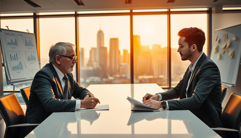 A professional mentor and a budding entrepreneur are engaged in a focused discussion around a sleek conference table in a bright, modern office environment. The mentor, an older individual wearing a tailored suit, exudes confidence and wisdom, while the entrepreneur, dressed in smart casual attire, attentively takes notes. In the background, large windows showcase a city skyline during the golden hour, casting warm afternoon light. The atmosphere is collaborative and inspiring, with subtle elements like a whiteboard filled with charts and post-it notes illustrating growth strategies. The composition is framed with a slight depth of field, adding a sense of intimacy to their interaction, emphasizing the strategic guidance being shared. A professional mentor and a budding entrepreneur are engaged in a focused discussion around a sleek conference table in a bright, modern office environment. The mentor, an older individual wearing a tailored suit, exudes confidence and wisdom, while the entrepreneur, dressed in smart casual attire, attentively takes notes. In the background, large windows showcase a city skyline during the golden hour, casting warm afternoon light. The atmosphere is collaborative and inspiring, with subtle elements like a whiteboard filled with charts and post-it notes illustrating growth strategies. The composition is framed with a slight depth of field, adding a sense of intimacy to their interaction, emphasizing the strategic guidance being shared.