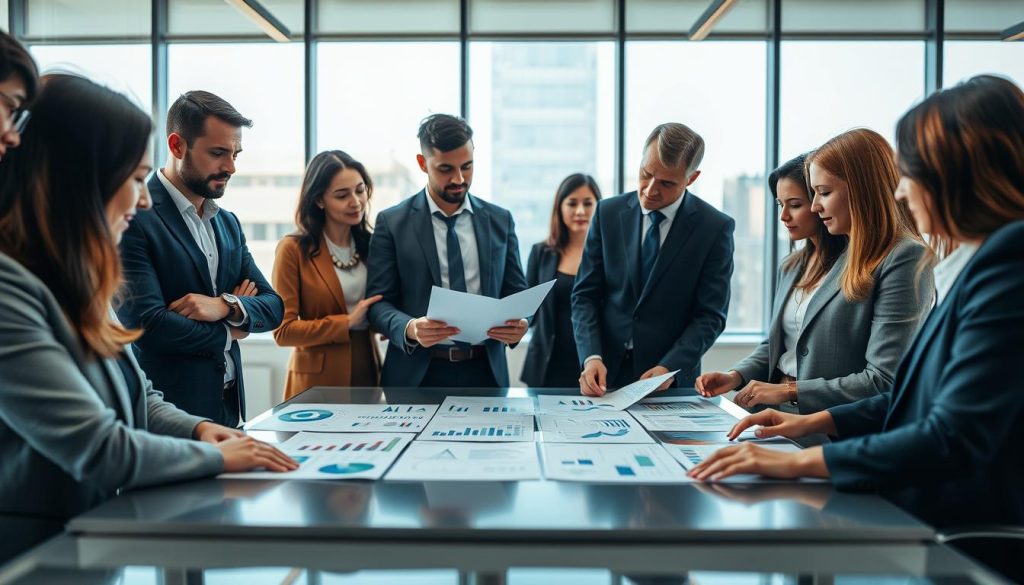 A professional, modern office setting as the foreground, featuring a diverse group of business professionals analyzing and discussing layered fundraising materials. They are dressed in smart business attire, exuding confidence and focus. In the middle layer, a sleek table is spread with visually appealing charts, graphs, and printed presentations that emphasize clarity and innovation in investor narratives. The background showcases a bright, well-lit office environment with large windows allowing natural light to stream in, enhancing the atmosphere of collaboration and professionalism. The color palette is warm and inviting, creating a mood of optimism and creativity. Capture this image with a slight depth of field to emphasize the materials on the table while still providing a clear view of the engaged professionals.