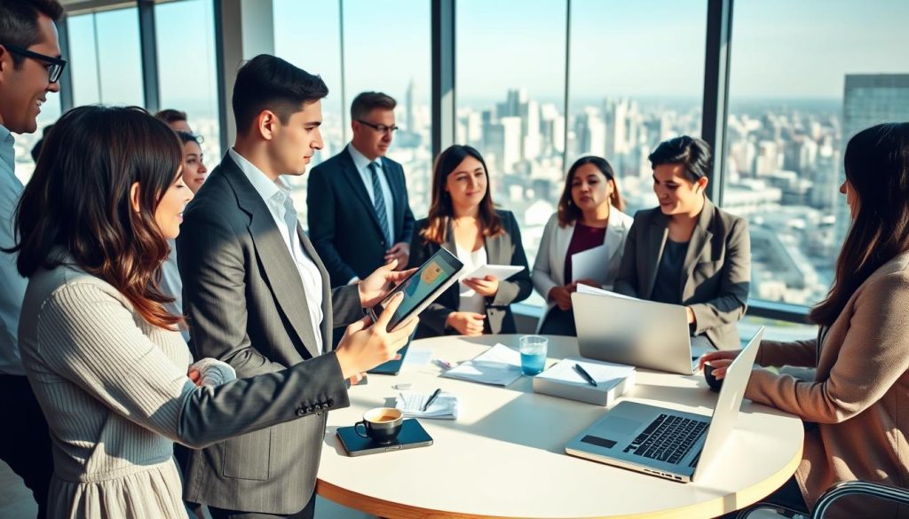 A professional, modern office space filled with diverse individuals in business attire actively engaging in a networking session. In the foreground, a confident woman gestures with a tablet in hand, showcasing investment opportunities to a small group of attentive colleagues. The middle layer features a round table with financial documents, laptops, and coffee cups, suggesting collaboration and deep discussion. In the background, large windows reveal a cityscape, bathed in bright afternoon light, casting natural shadows. The atmosphere is dynamic and focused, emphasizing the importance of teamwork and networking in discovering curated investment opportunities. The composition is shot from a slightly elevated angle, enhancing the sense of engagement and interaction among the professionals. A professional, modern office space filled with diverse individuals in business attire actively engaging in a networking session. In the foreground, a confident woman gestures with a tablet in hand, showcasing investment opportunities to a small group of attentive colleagues. The middle layer features a round table with financial documents, laptops, and coffee cups, suggesting collaboration and deep discussion. In the background, large windows reveal a cityscape, bathed in bright afternoon light, casting natural shadows. The atmosphere is dynamic and focused, emphasizing the importance of teamwork and networking in discovering curated investment opportunities. The composition is shot from a slightly elevated angle, enhancing the sense of engagement and interaction among the professionals.