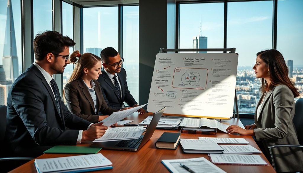 A professional office setting depicting a diverse group of individuals engaging in a serious discussion about legal and compliance challenges related to Alternative Investment Funds (AIFs). In the foreground, three professionals in business attire—two men and one woman—examine documents and share insights around a conference table filled with reports, laptops, and legal books. In the middle, a whiteboard displays complex diagrams and regulatory frameworks. In the background, large windows reveal a city skyline, allowing natural light to illuminate the room, creating a focused yet dynamic atmosphere. The composition reflects a sense of collaboration and determination as they navigate the complexities of compliance, highlighting the importance of clear communication and strategy in fundraising efforts.