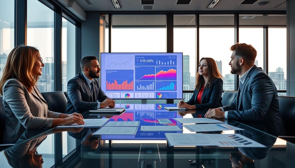 A professional office setting showcasing a modern financial strategy meeting. In the foreground, a diverse group of three individuals in business attire, engaged in a discussion around a sleek, glass conference table with financial documents and charts spread out. In the middle ground, a large digital screen displays colorful graphs and valuation models, illuminating their faces with a soft, warm light. The background features a city skyline through large windows, hinting at opportunities. The ambiance is focused and collaborative, with a hint of optimism in the air. Use soft, natural lighting to create a welcoming atmosphere, shot from a slight high-angle perspective to emphasize both the team and the data being analyzed. A professional office setting showcasing a modern financial strategy meeting. In the foreground, a diverse group of three individuals in business attire, engaged in a discussion around a sleek, glass conference table with financial documents and charts spread out. In the middle ground, a large digital screen displays colorful graphs and valuation models, illuminating their faces with a soft, warm light. The background features a city skyline through large windows, hinting at opportunities. The ambiance is focused and collaborative, with a hint of optimism in the air. Use soft, natural lighting to create a welcoming atmosphere, shot from a slight high-angle perspective to emphasize both the team and the data being analyzed.